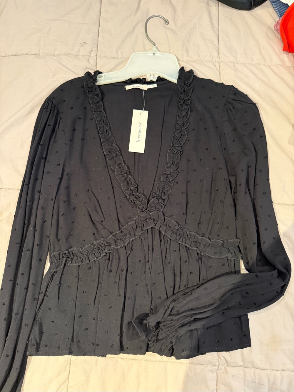 Francesca's Collections Black Ruffled V-Neck Long Sleeve Top